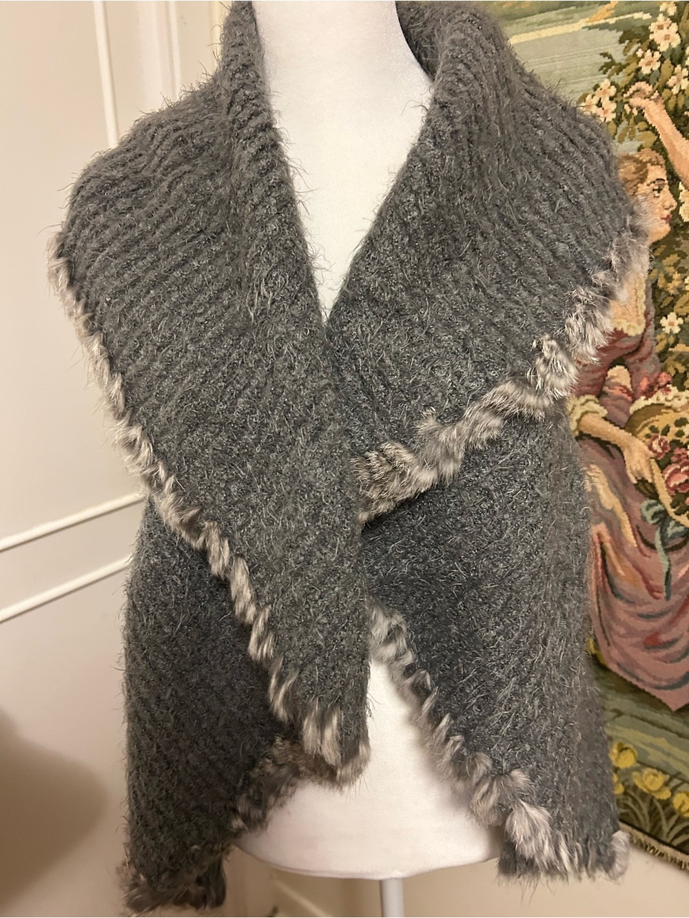 Cozy Gray Rabbit Fur Trim Shawl Collar Women's Sweater Wrap